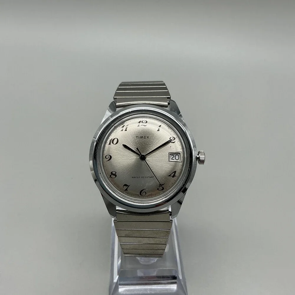 Vintage 1979 Timex Marlin Mens Watch 37mm Silver Dial Date Manual Wind